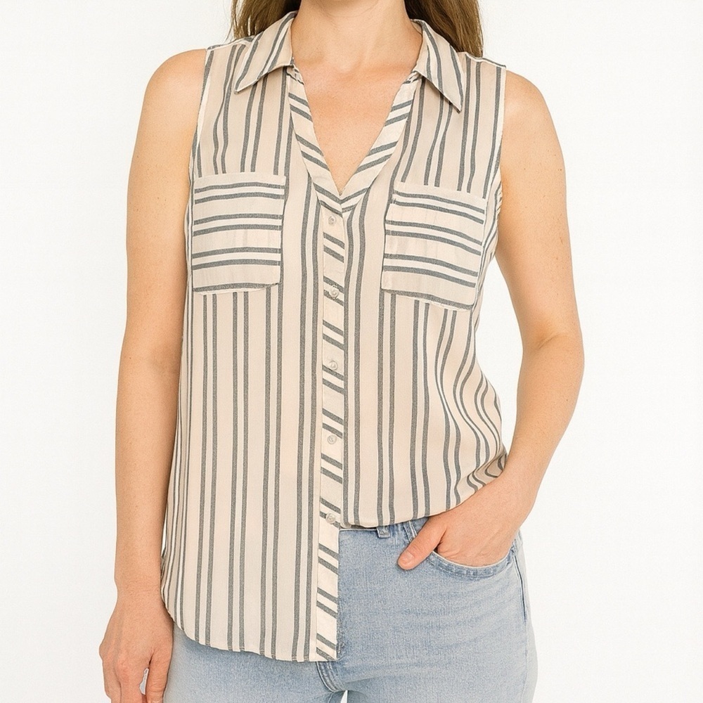 Express Beige and Black Striped Sleeveless Blouse